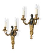 A PAIR OF GILT BRONZE AND BRONZE WALL LIGHTS, IN THE 18TH CENTURY MANNER, 20TH CENTURY