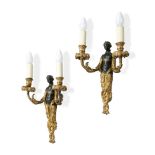 A PAIR OF GILT BRONZE AND BRONZE WALL LIGHTS, IN THE 18TH CENTURY MANNER, 20TH CENTURY