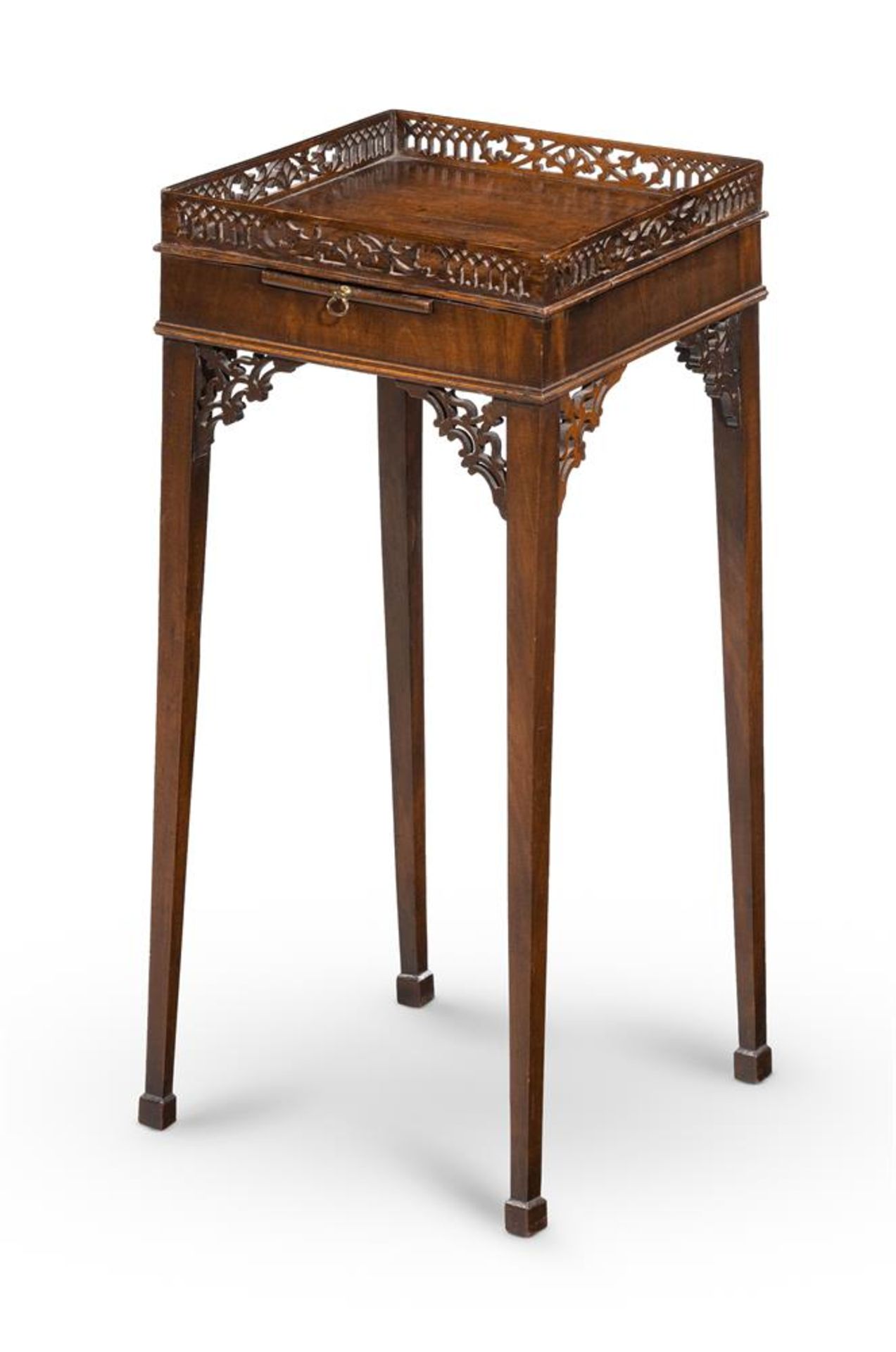 A GEORGE III MAHOGANY AND FRETWORK URN STAND, CIRCA 1780