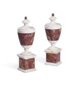 A PAIR OF WHITE AND RED MARBLE PEDESTAL URNS EARLY 20TH CENTURY IN THE 18TH CENTURY ITALIAN STYLE