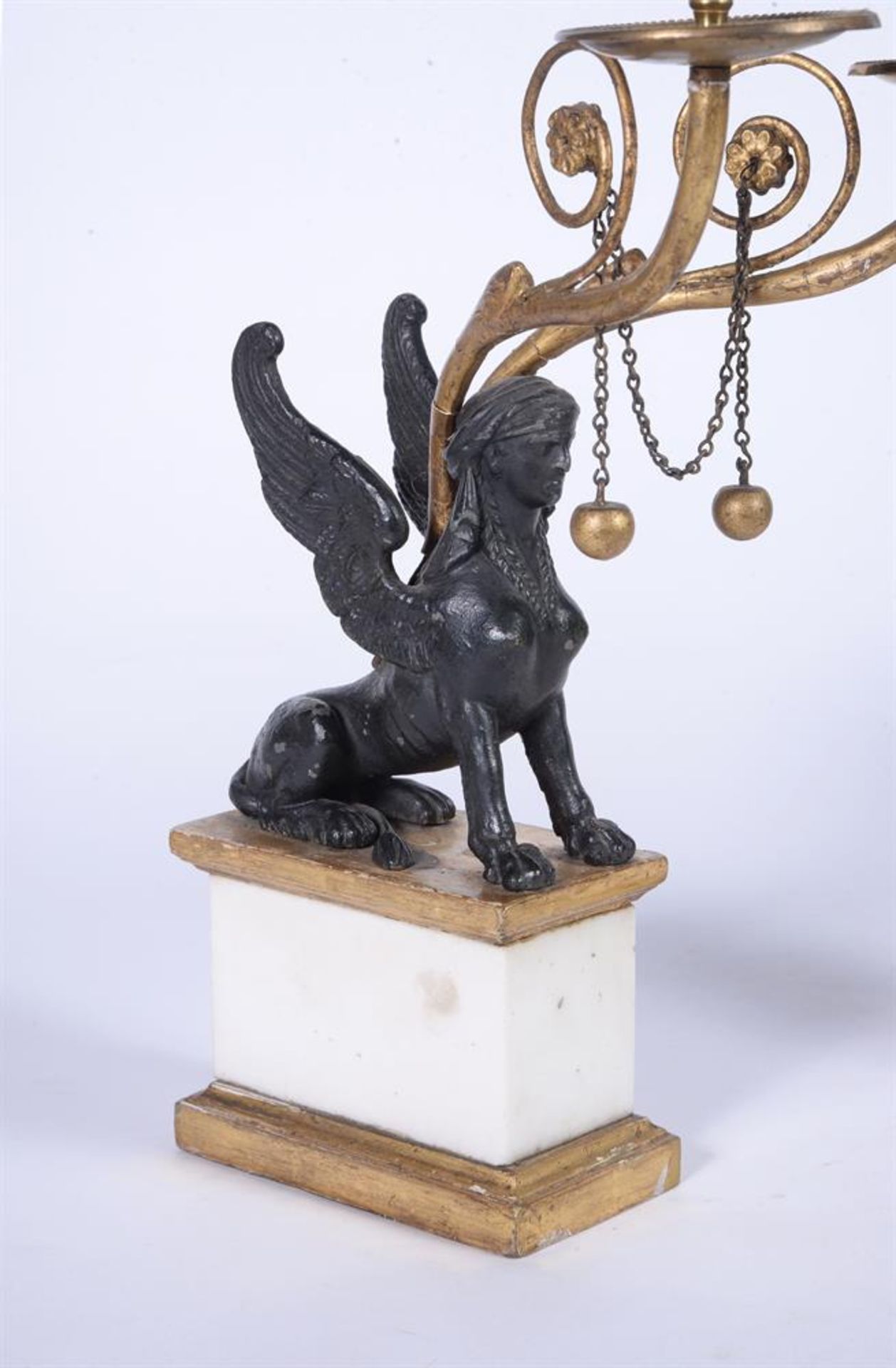 A PAIR OF REGENCY STYLE BLACK SPELTER AND MARBLE CANDELABRA, LATE 19TH CENTURY - Image 2 of 4