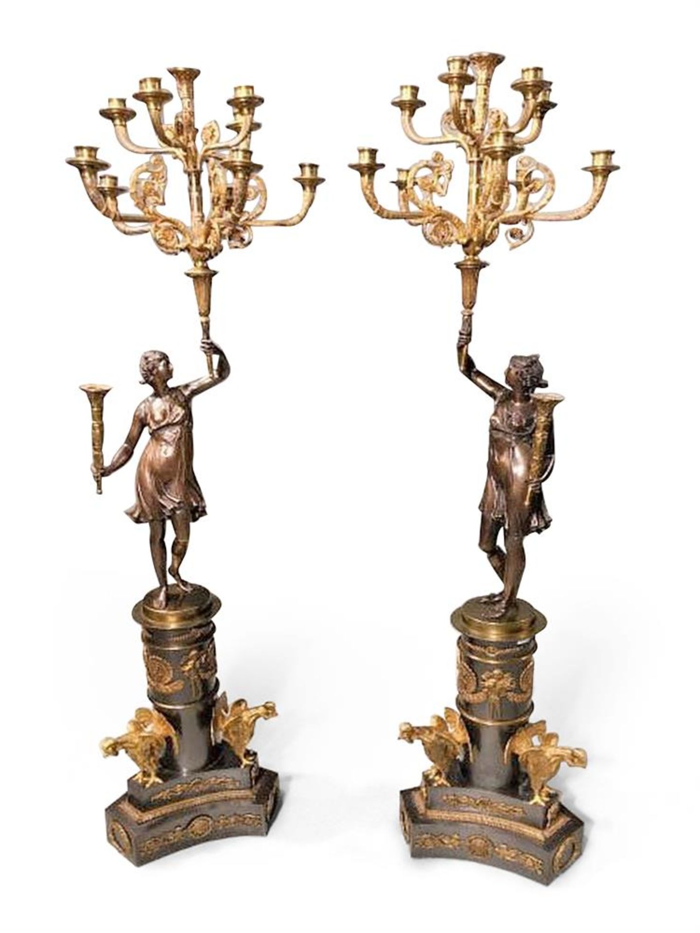 A LARGE PAIR OF BRONZE AND GILT BRONZE CANDELABRA, LATE 19TH CENTURY