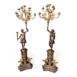 A LARGE PAIR OF BRONZE AND GILT BRONZE CANDELABRA, LATE 19TH CENTURY