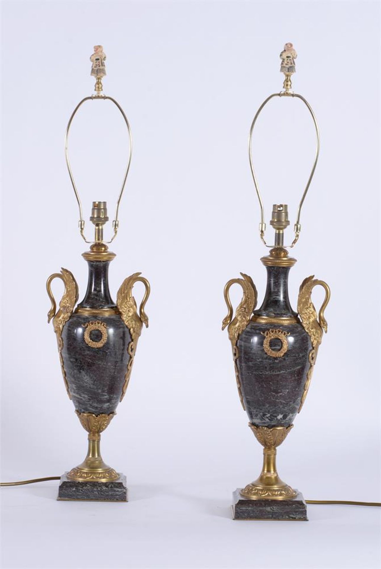 A PAIR OF MARBLE AND GILT BRONZE MOUNTED LAMP BASES, IN THE EMPIRE MANNER, 20TH CENTURY - Image 2 of 7
