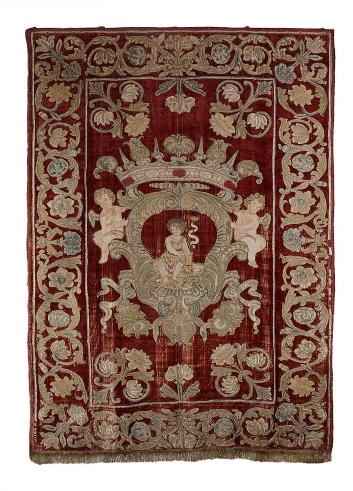 A LARGE PAIR OF METAL-THREAD EMBROIDERY APPLIED RED CUT VELVET PANELS, LATE 17TH/EARLY 18TH CENTURY