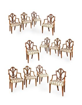 A CLOSELY MATCHED SET OF TWELVE SATINWOOD DINING ARMCHAIRS, CIRCA 1800