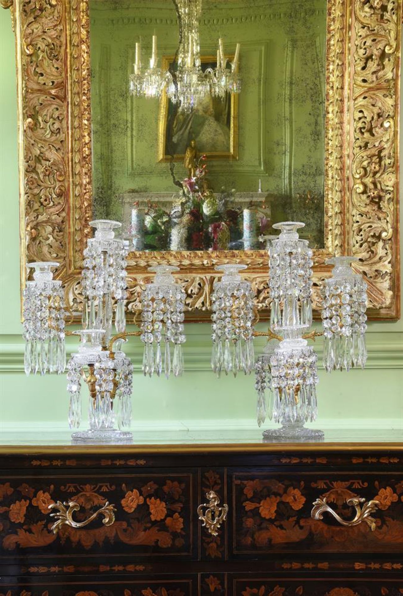 A PAIR OF ORNATE CUT GLASS, GILT BRONZE AND METAL MOUNTED FIVE LIGHT TABLE CANDELABRA - Image 2 of 2