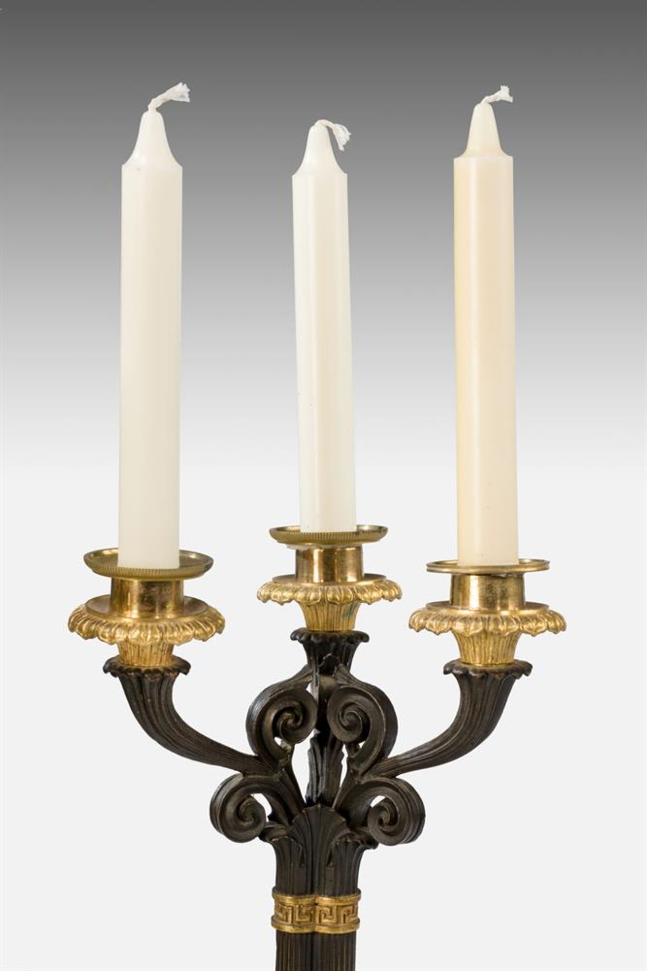 A PAIR OF GILT AND PATINATED CLUSTER COLUMN THREE LIGHT CANDELABRA, 19TH CENTURY - Image 3 of 3