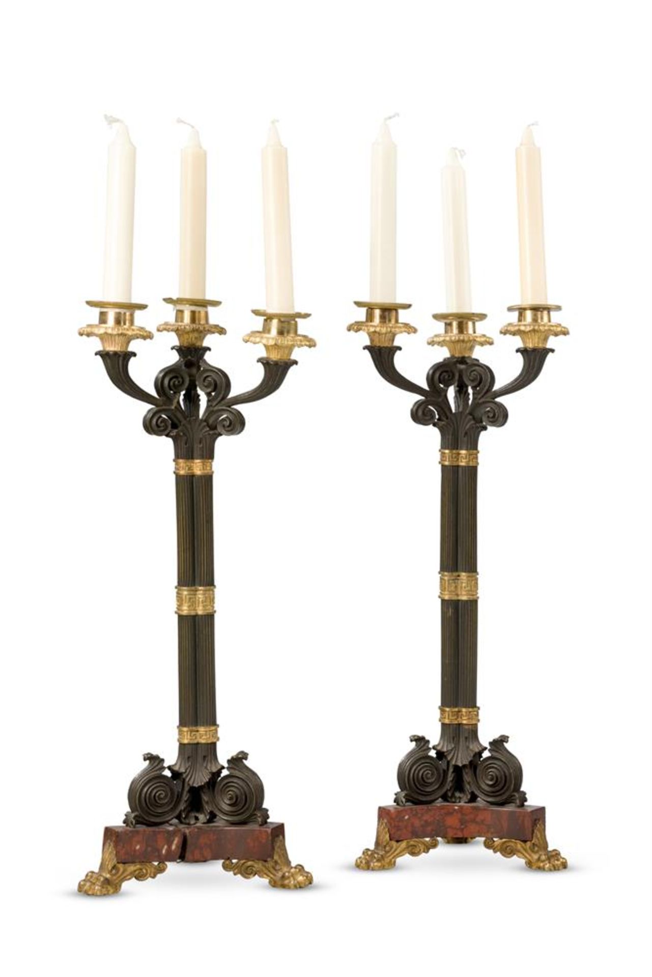 A PAIR OF GILT AND PATINATED CLUSTER COLUMN THREE LIGHT CANDELABRA, 19TH CENTURY