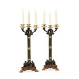 A PAIR OF GILT AND PATINATED CLUSTER COLUMN THREE LIGHT CANDELABRA, 19TH CENTURY