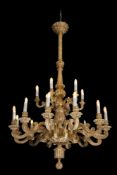 A LARGE AND IMPRESSIVE GILTWOOD 18 LIGHT CHANDELIER, PROBABLY LATE 19TH/EARLY 20TH CENTURY