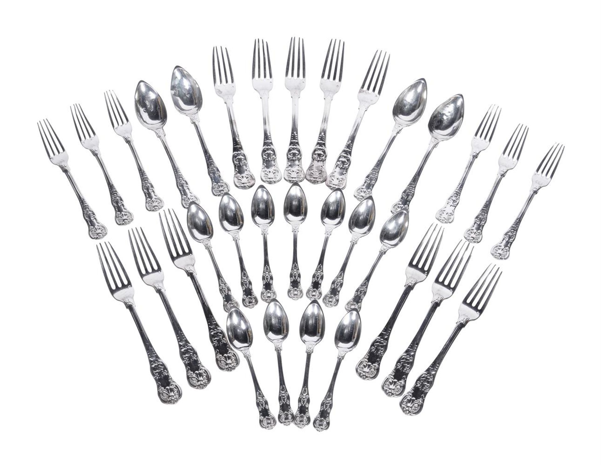 A FRENCH SILVER COLOURED PART TABLE SERVICE OF QUEENS PATTERN FLATWARE, 20th CENTURY