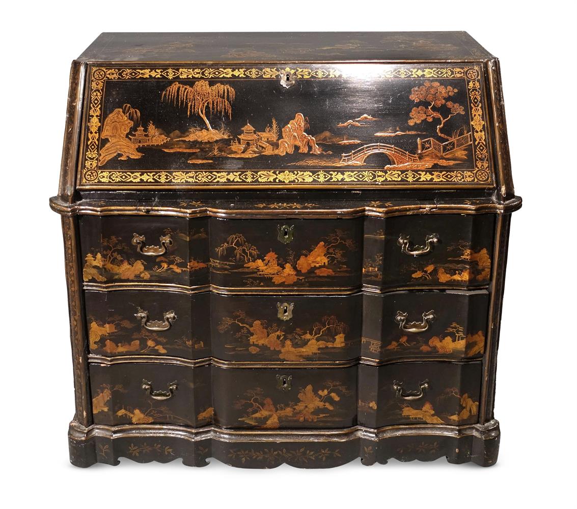 A GEORGE II BLACK LACQUER AND GILT CHINOISERIE DECORATED BUREAU, CIRCA 1740