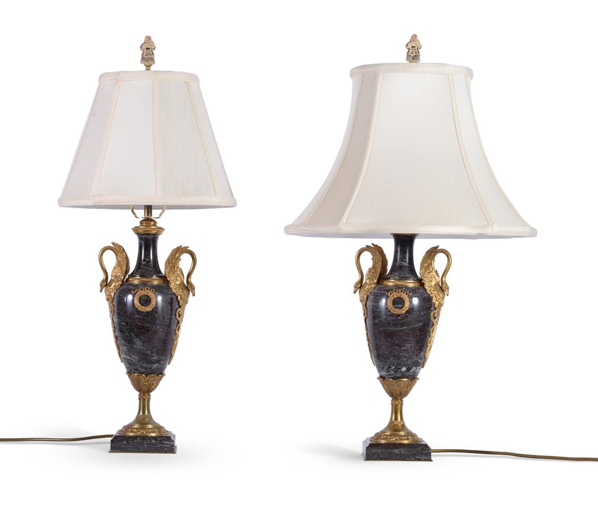A PAIR OF MARBLE AND GILT BRONZE MOUNTED LAMP BASES, IN THE EMPIRE MANNER, 20TH CENTURY