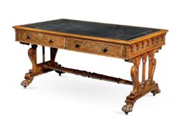 A GEORGE IV POLLARD OAK LIBRARY TABLE, IN THE MANNER OF GILLOWS, CIRCA 1835
