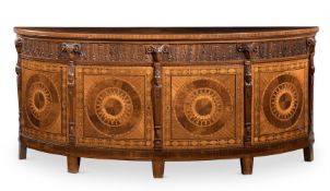 Y A MAHOGANY, TULIPWOOD AND SPECIMEN MARQUETRY DEMI-LUNE COMMODE, EARLY 20TH CENTURY