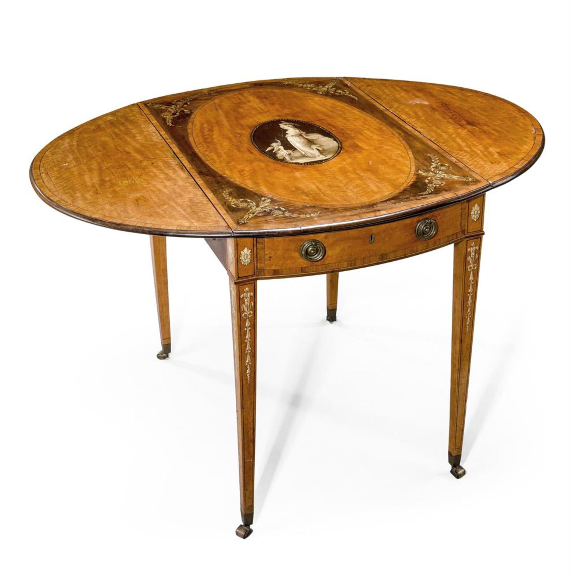 Y A GEORGE III SATINWOOD AND POLYCHROME PAINTED OVAL PEMBROKE TABLE, CIRCA 1800 - Bild 2 aus 4