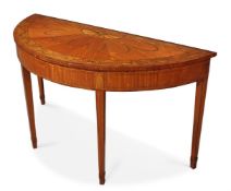 Y A SATINWOOD, AMBOYNA AND MARQUETRY DEMI-LUNE SIDE TABLE, IN GEORGE III STYLE, LATE 19TH CENTURY