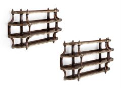 A PAIR OF MAHOGANY AND GILT METAL MOUNTED HANGING WALL SHELVES, 19TH CENTURY