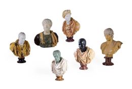 A SET OF SIX SIMULATED MARBLE BUSTS OF ROMAN EMPERORS AND FIGURES, MODERN