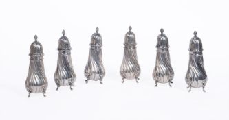 A MATCHED SET OF 6 CONTINENTAL SILVER COLOURED SUGAR CASTERS, 19TH CENTURY