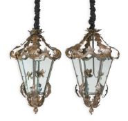 A PAIR OF TOLE FRAMED GLAZED LANTERNS, 20TH CENTURY IN THE ITALIAN 18TH CENTURY STYLE