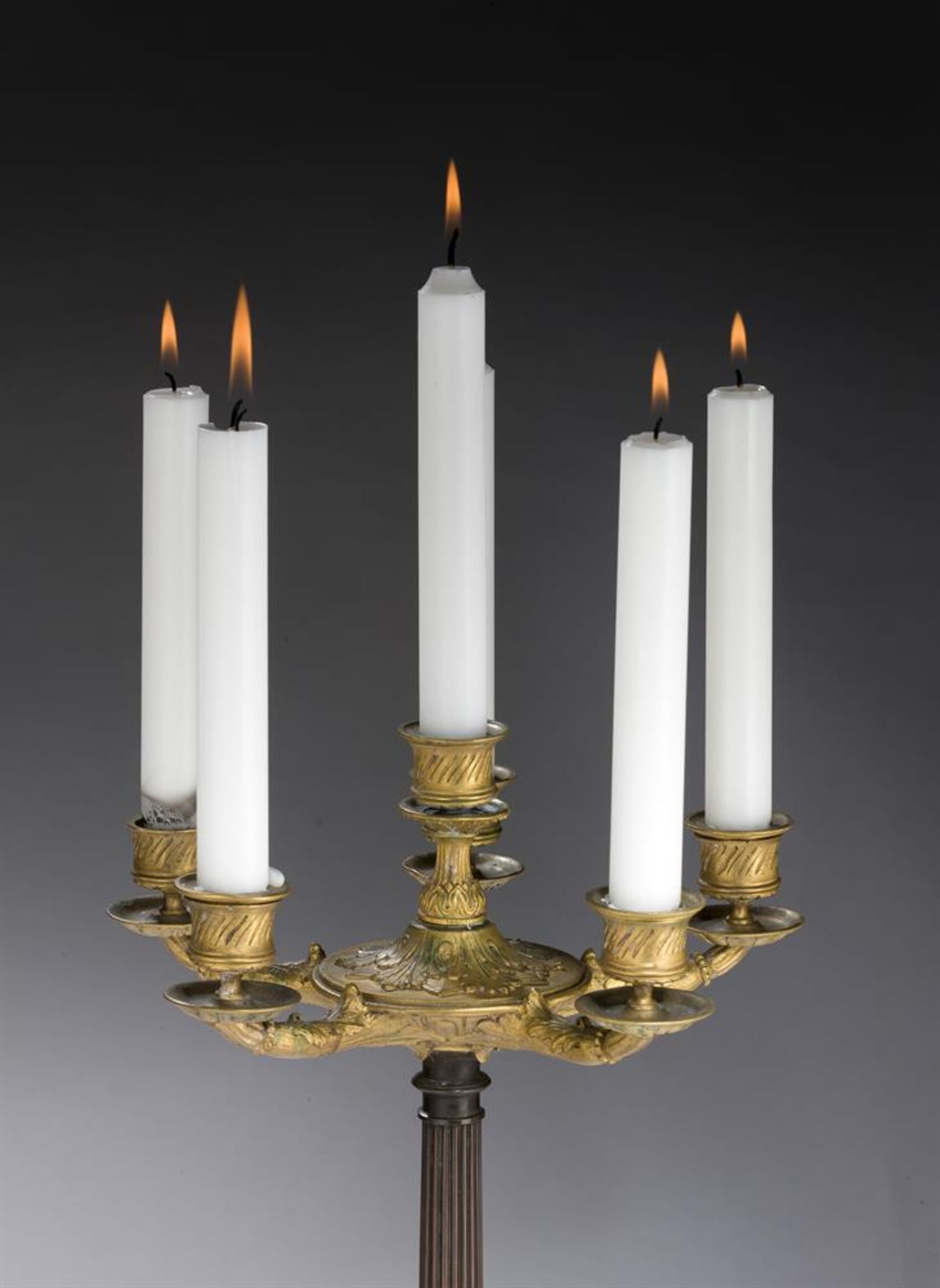 A LARGE PAIR OF PATINATED AND PARCEL GILT SIX LIGHT CANDELABRA, 19TH CENTURY - Image 3 of 3