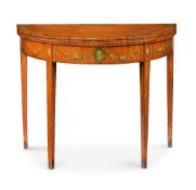 Y A GEORGE III SATINWOOD AND POLYCHROME PAINTED DEMI-LUNE CARD TABLE, CIRCA 1790