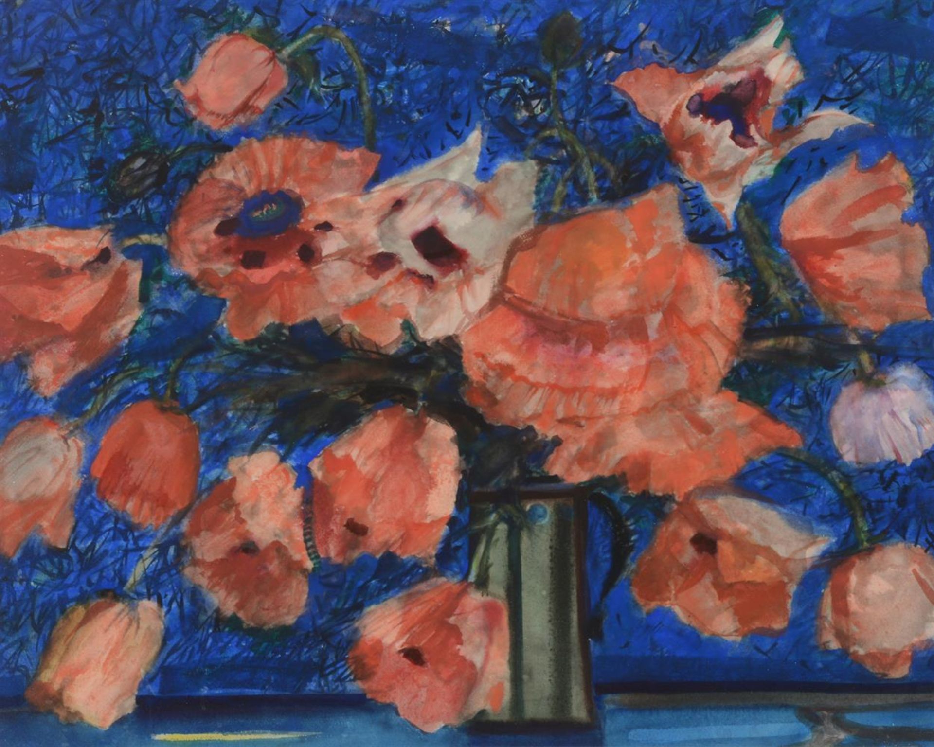 λ SIR ROBIN PHILIPSON (BRITISH 1916-1992), POPPIES ON A BLUE GROUND