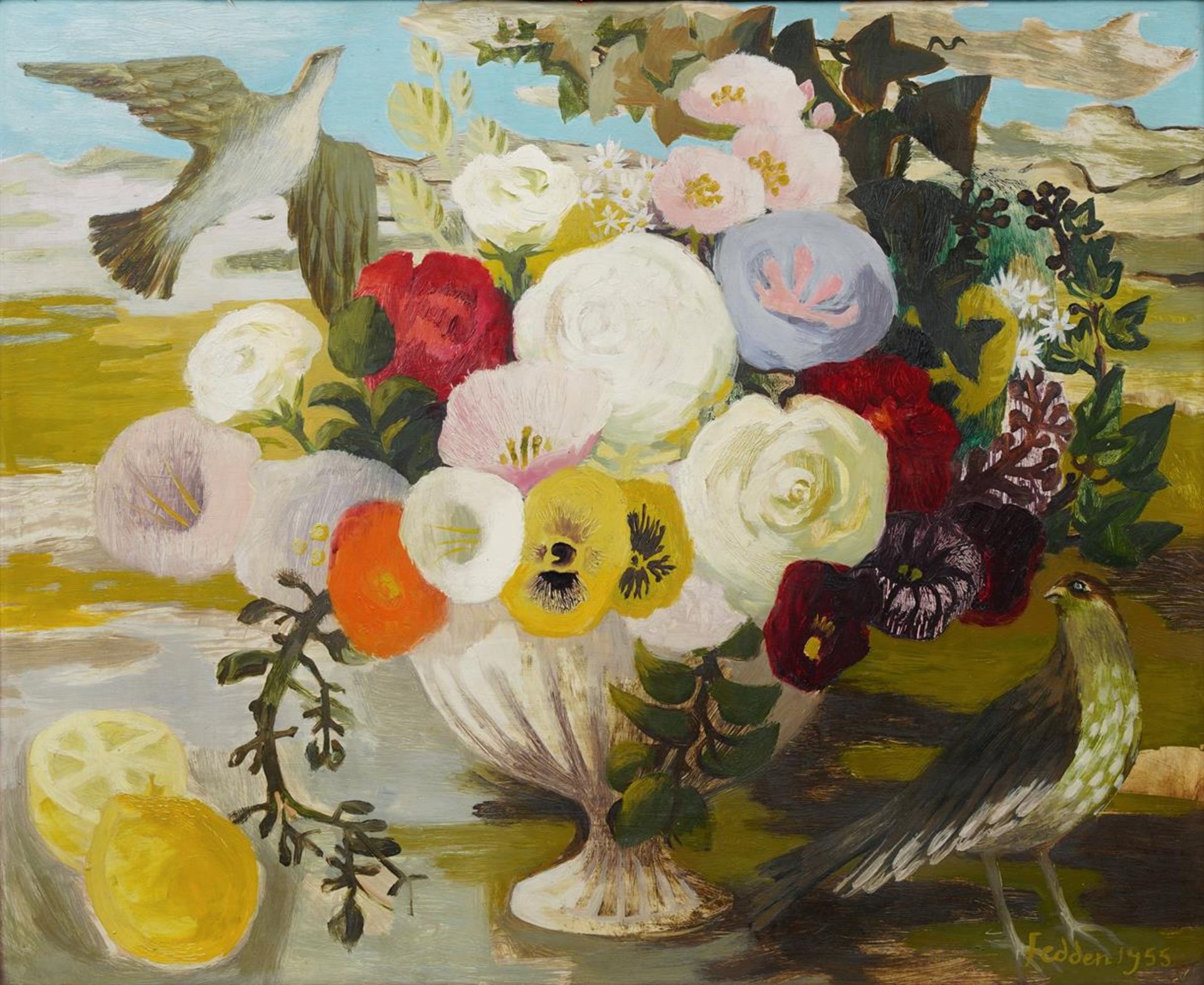 λ MARY FEDDEN (BRITISH 1915-2012), STILL LIFE OF FLOWERS IN AN URN