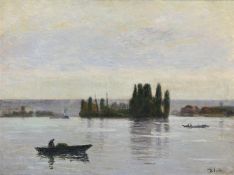 JOSEPH DELATTRE (FRENCH 1858-1912), BOATS ON A RIVER LANDSCAPE