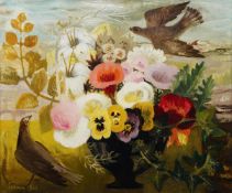 λ MARY FEDDEN (BRITISH 1915-2012), STILL LIFE OF FLOWERS IN A BLACK URN