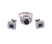 A PAIR OF DIAMOND AND SAPPHIRE CLUSTER EARRINGS AND RING, CIRCA 1970