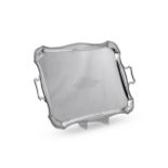 A SILVER SHAPED RECTANGULAR TWIN HANDLED TRAY