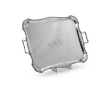 A SILVER SHAPED RECTANGULAR TWIN HANDLED TRAY