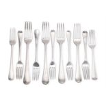 THIRTEEN GEORGE III SILVER HANOVERIAN PATTERN TABLE FORKS AND SEVENTEEN DESSERT FORKS