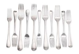 THIRTEEN GEORGE III SILVER HANOVERIAN PATTERN TABLE FORKS AND SEVENTEEN DESSERT FORKS