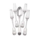 A SET OF FOUR VICTORIAN SILVER FIDDLE PATTERN TABLE FORKS