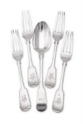 A SET OF FOUR VICTORIAN SILVER FIDDLE PATTERN TABLE FORKS