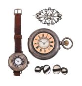 TWO WATCHES, A BROOCH AND A PAIR OF CUFFLINKS