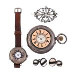 TWO WATCHES, A BROOCH AND A PAIR OF CUFFLINKS