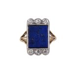 AN ITALIAN LAPIS LAZULI AND DIAMOND PANEL RING