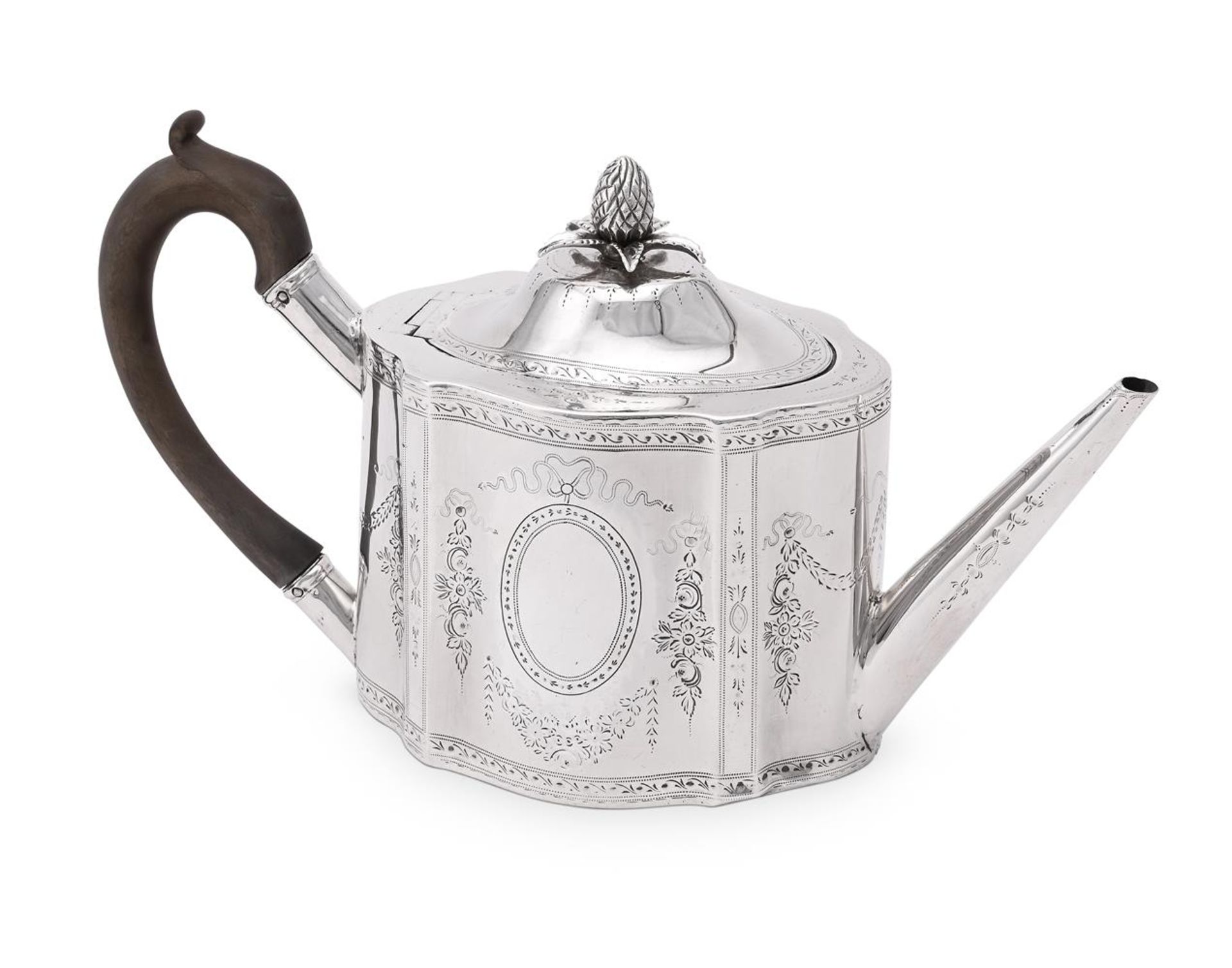 A GEORGE III SILVER SHAPED OVAL TEAPOT