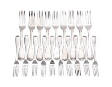 NINE GEORGIAN SILVER FIDDLE PATTERN TABLE FORKS AND TEN DESSERT FORKS