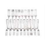 NINE GEORGIAN SILVER FIDDLE PATTERN TABLE FORKS AND TEN DESSERT FORKS