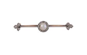 AN EARLY 20TH CENTURY A BOUTON PEARL AND DIAMOND BAR BROOCH, CIRCA 1910