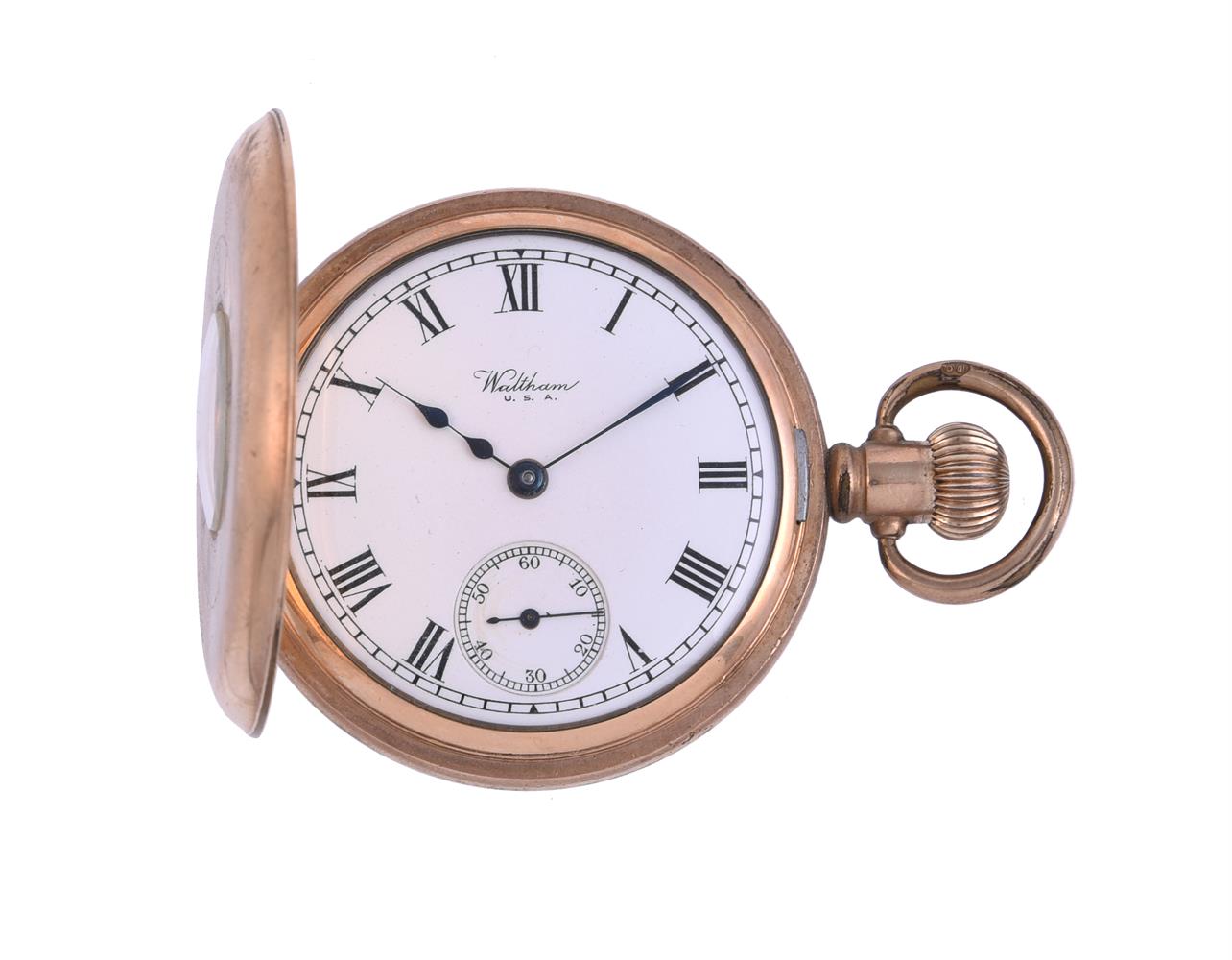 WALTHAM, GOLD PLATED KEYLESS WIND HALF HUNTER POCKET WATCH