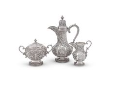 Y AN INDIAN SILVER THREE PIECE BALUSTER WATER JUG, CREAM SUGAR AND SUGAR BOWL