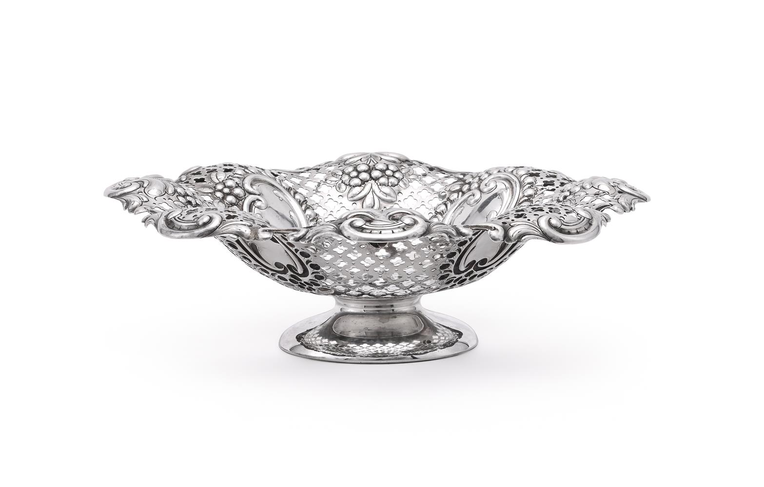 A VICTORIAN SILVER SHAPED CIRCULAR PIERCED PEDESTAL BOWL