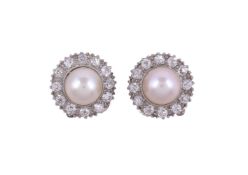 A PAIR OF CULTURED PEARL AND DIAMOND EAR CLIPS